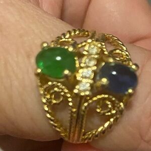 Elegant Gold Ring with Green and Blue Stones